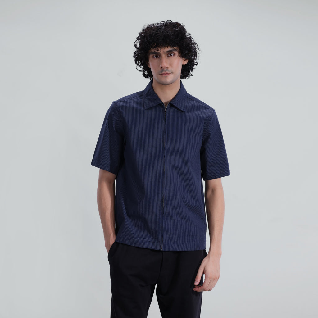 Seersucker Striped Zipper shirt