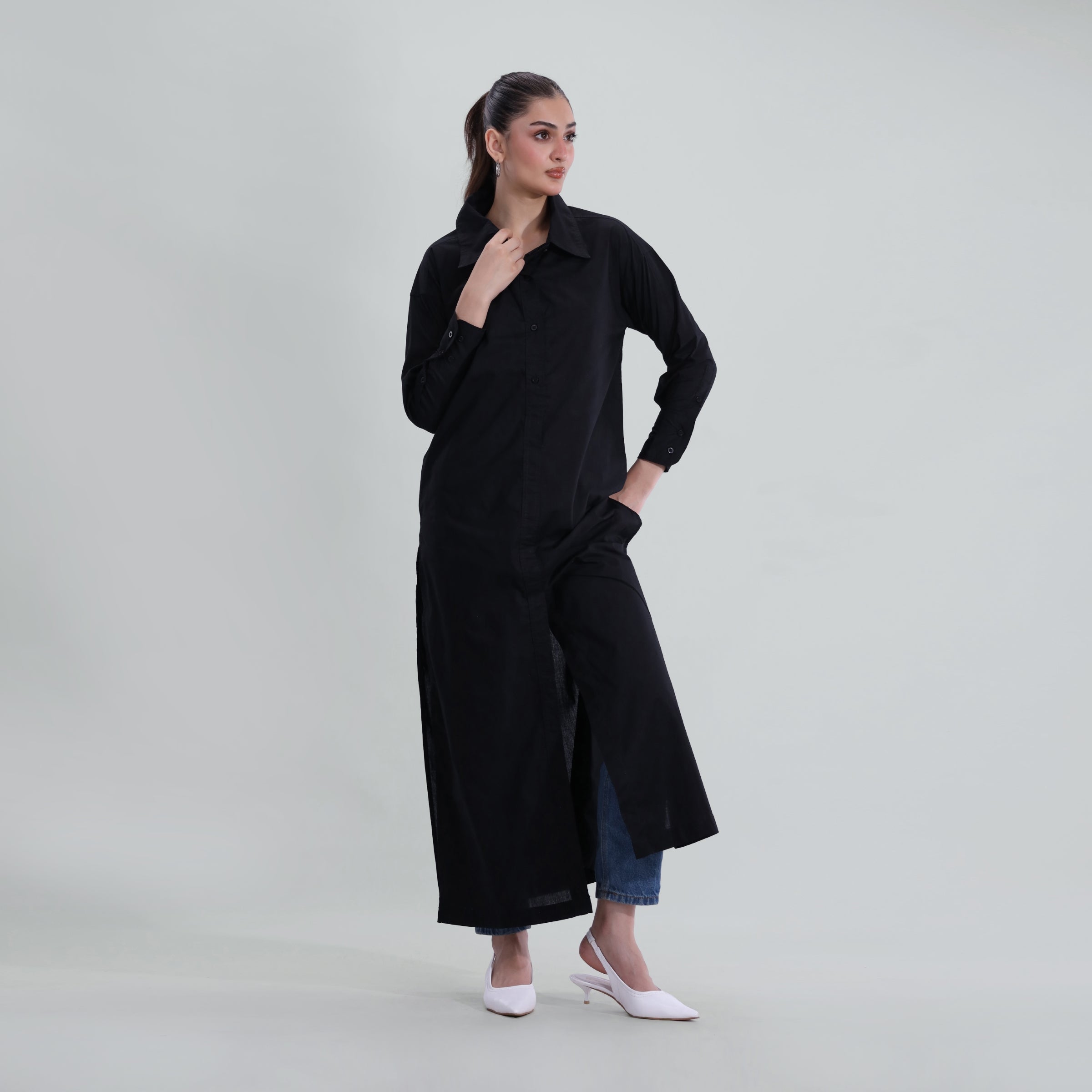 black long shirt dress pakistani A statement black long shirt with fine golden detailing, finished with a bordered dupatta and sleek fused trousers. black tessel silk dress, black formal dress Pakistan, golden handwork dress, luxury black outfit,