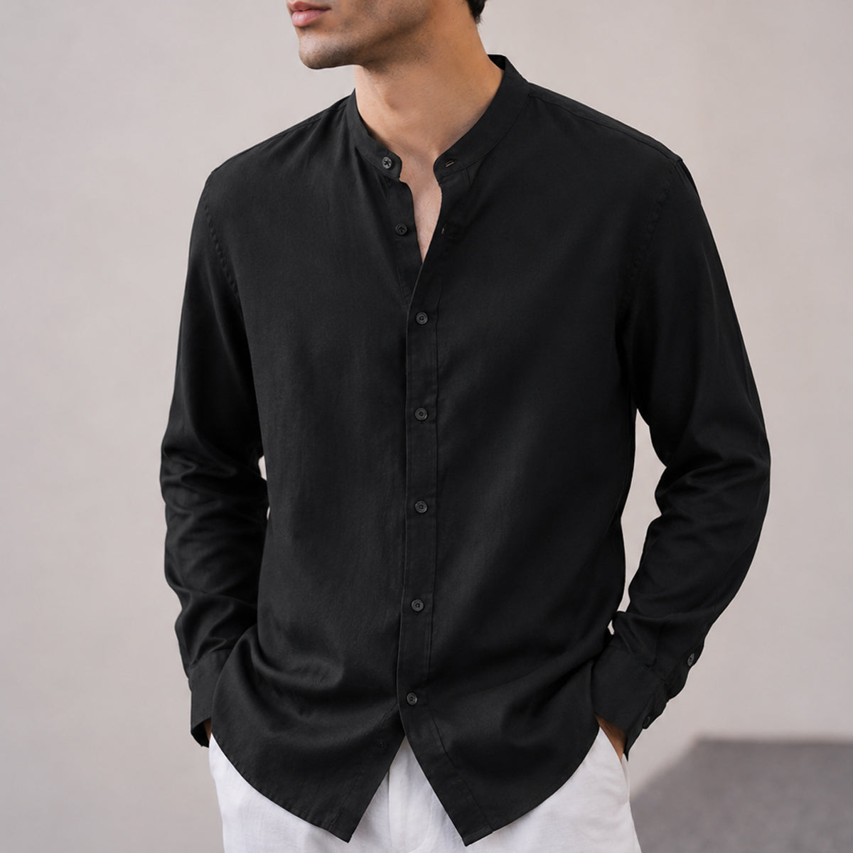 Linen Ban Collar Shirt