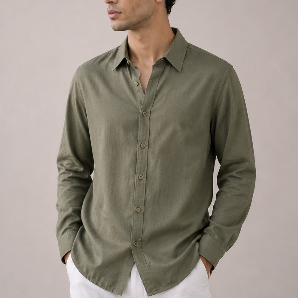 wewear Cottonello Classic Linen Regular Olive Shirt for men - 70% cotton 30% linen shirt Pakistan